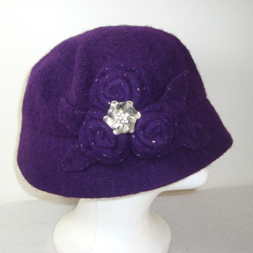 Nine West Womens Purple Beaded Embellished Wool Blend Bucket Hat One Size